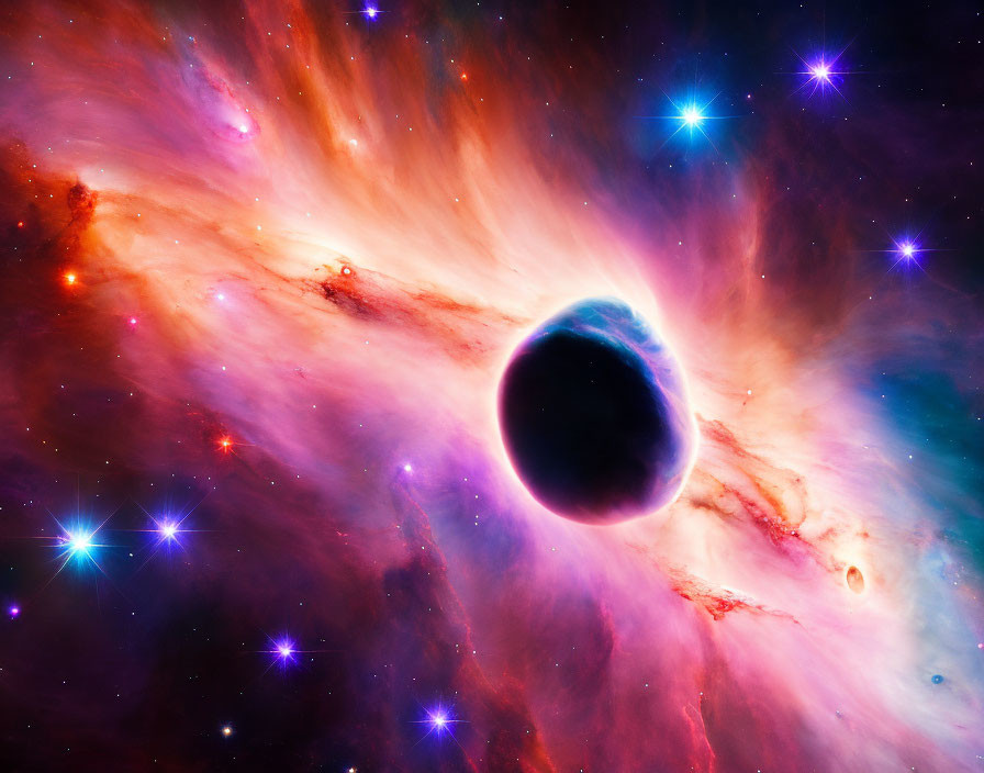 Colorful cosmic scene with black hole, interstellar gas, and stars.