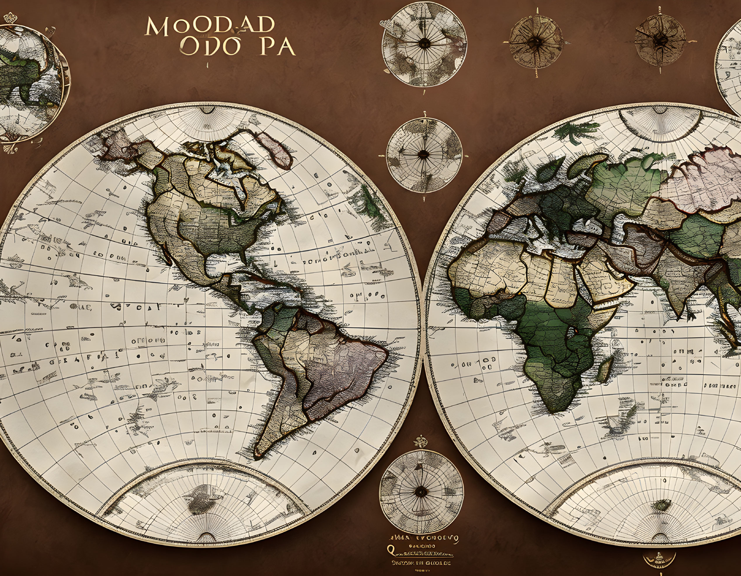 Circular Vintage World Map with Western and Eastern Hemispheres, Ornate Art, Old-Fashioned