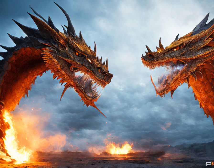 Dragons breathing fire in dramatic cloudy sky at dusk