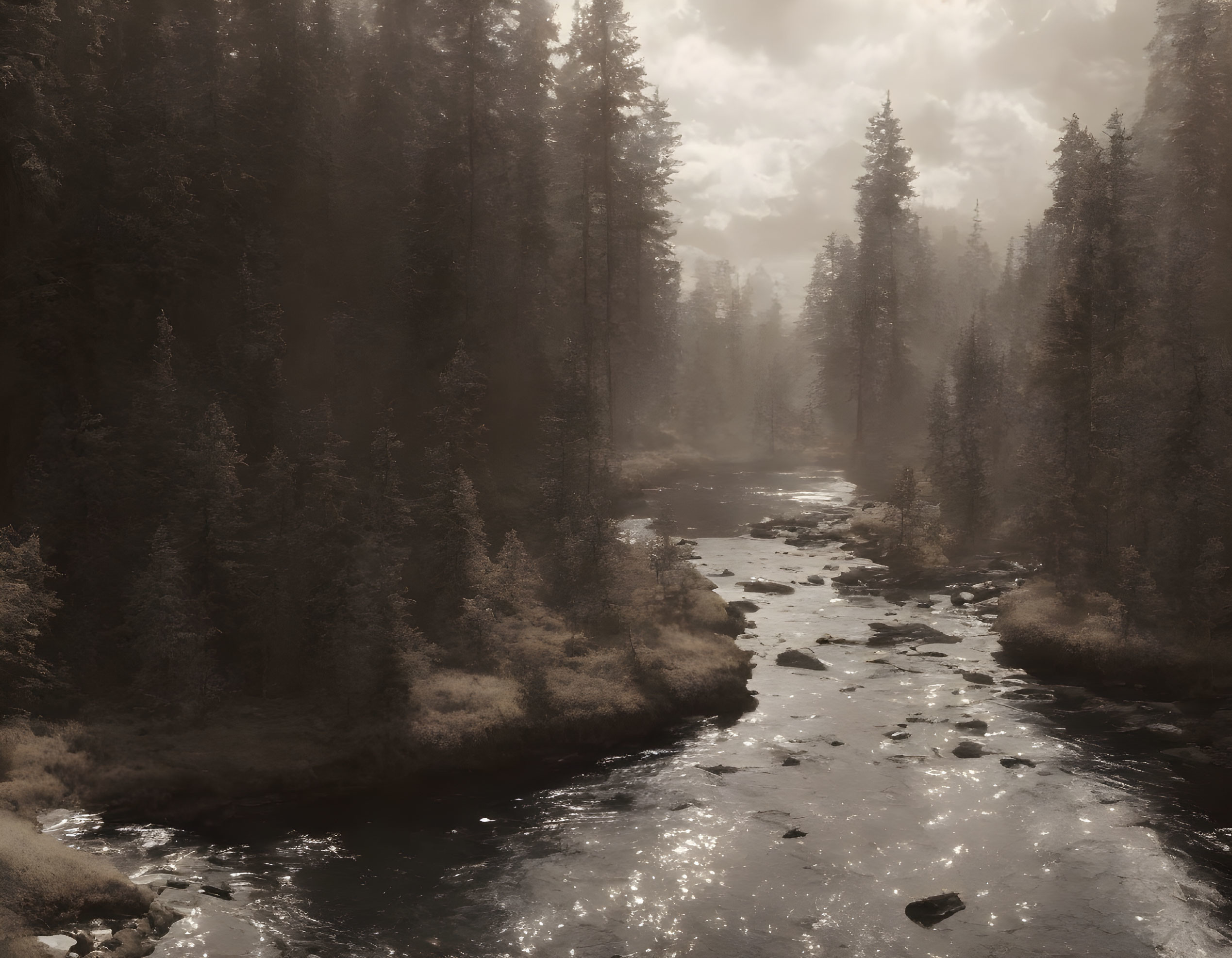 Tranquil river flowing through misty coniferous forest