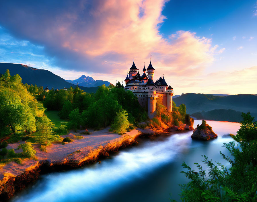 Majestic castle on hill with lush greenery and river under sunset sky