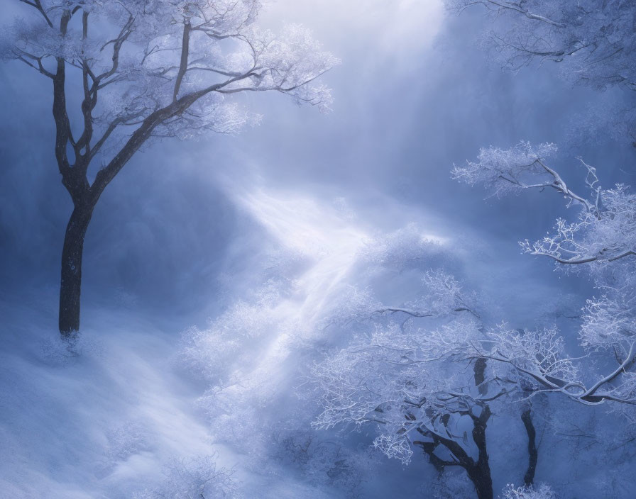 Snow-covered trees in serene winter landscape with soft sunlight and misty atmosphere