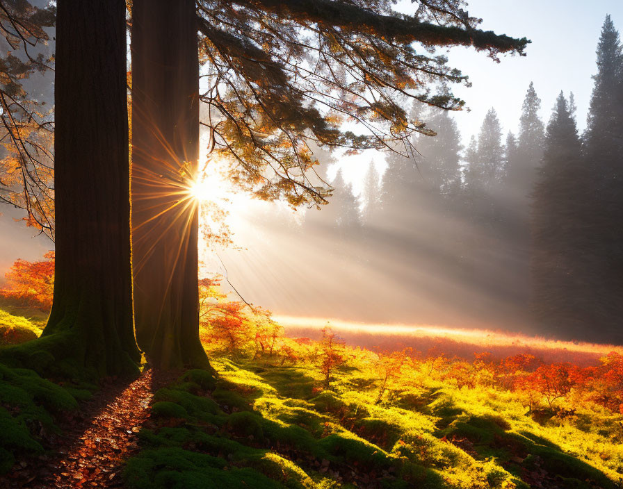 Forest trees illuminated by sun rays in misty woodland scene