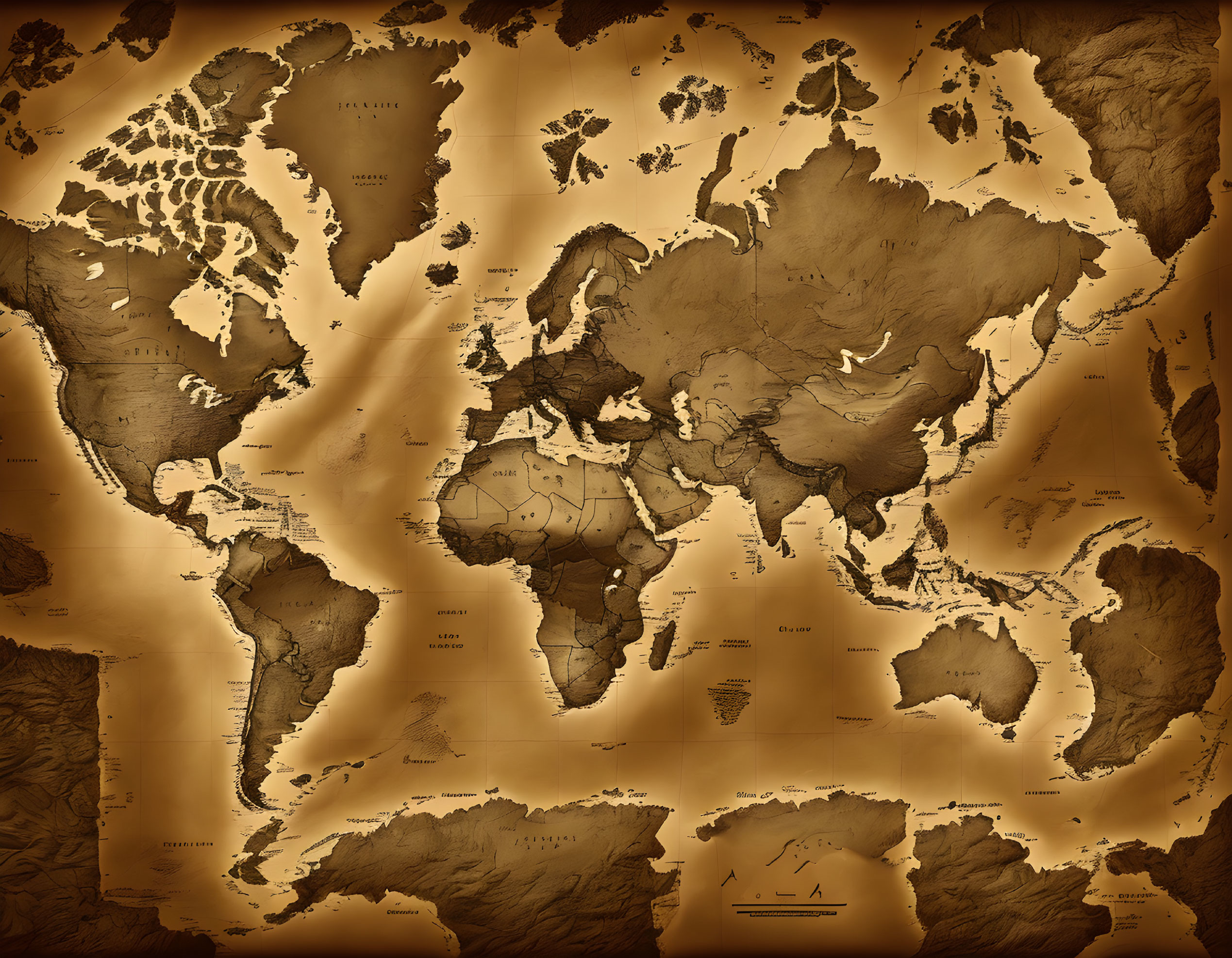 Vintage-style World Map with Sepia Tone & Geographic Relief Details