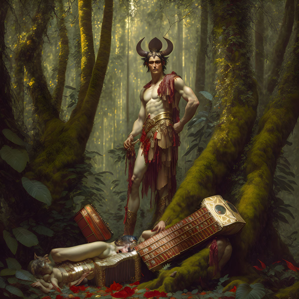 Horned warrior and reclining figure in forest with red petals