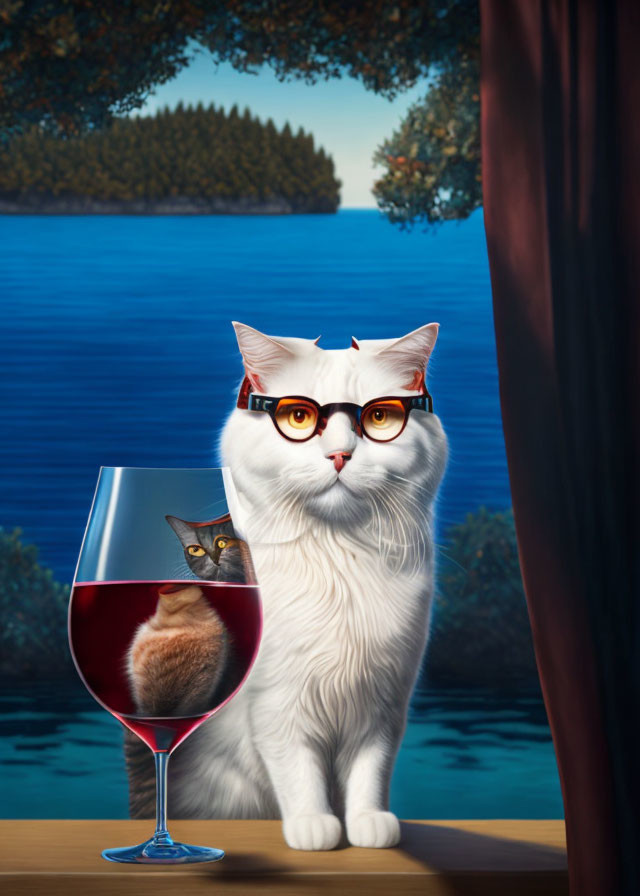 White Cat with Glasses by Glass of Red Wine and Reflection in Scenic Setting
