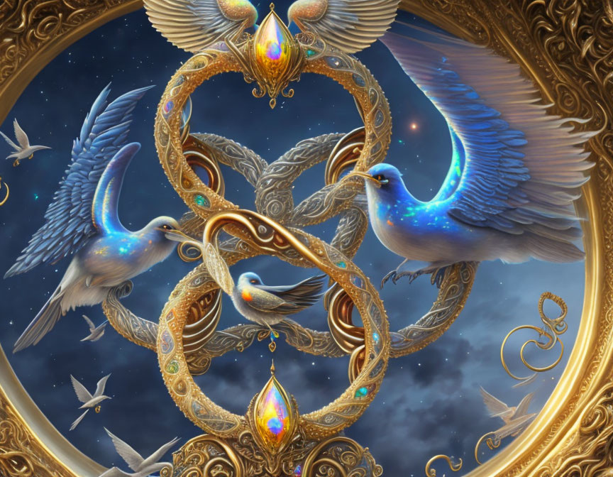Luminous blue birds in golden infinity loops on celestial backdrop