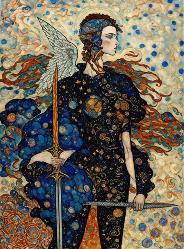 Winged figure with spear in starry gown against mosaic background