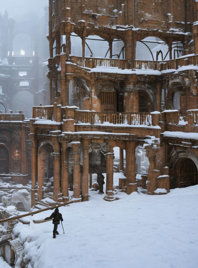 Snow-covered ruins of ancient Roman building with a person standing in serene atmosphere