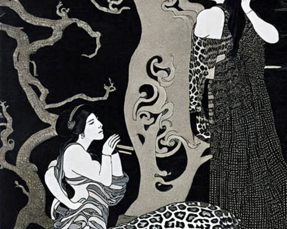 Illustration of two women in traditional attire under a twisting tree, one on a leopard