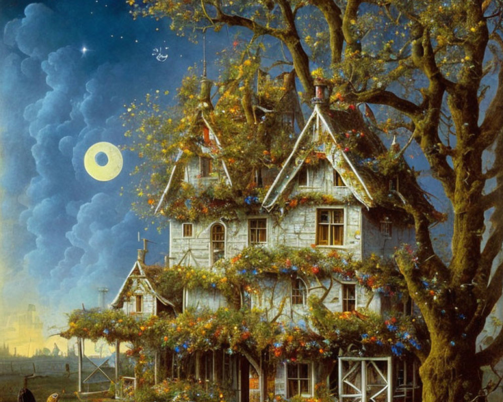 Victorian house with greenery, night sky, moon, smoke, and whimsical pots