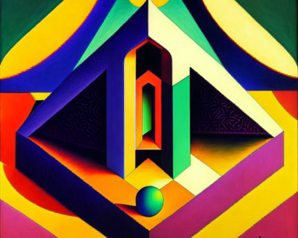 Colorful Abstract Geometric Painting with Triangular Tunnel and Sphere