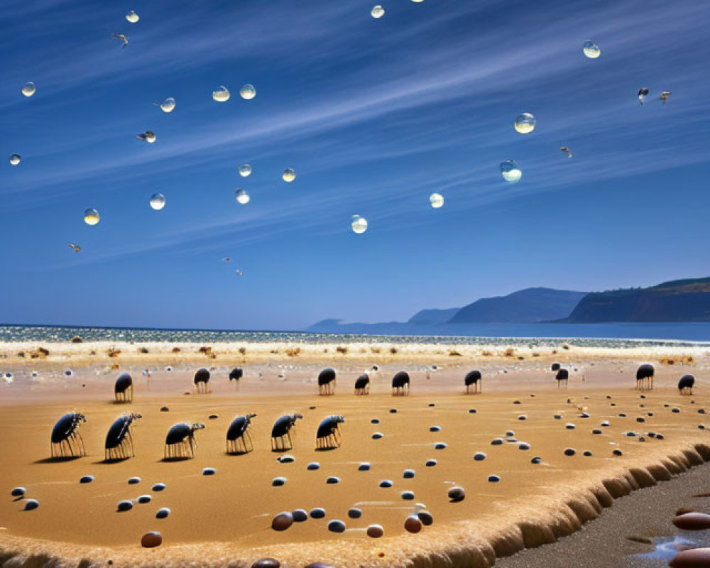 Surreal beach scene with submerged chairs, pebbles, and suspended water droplets