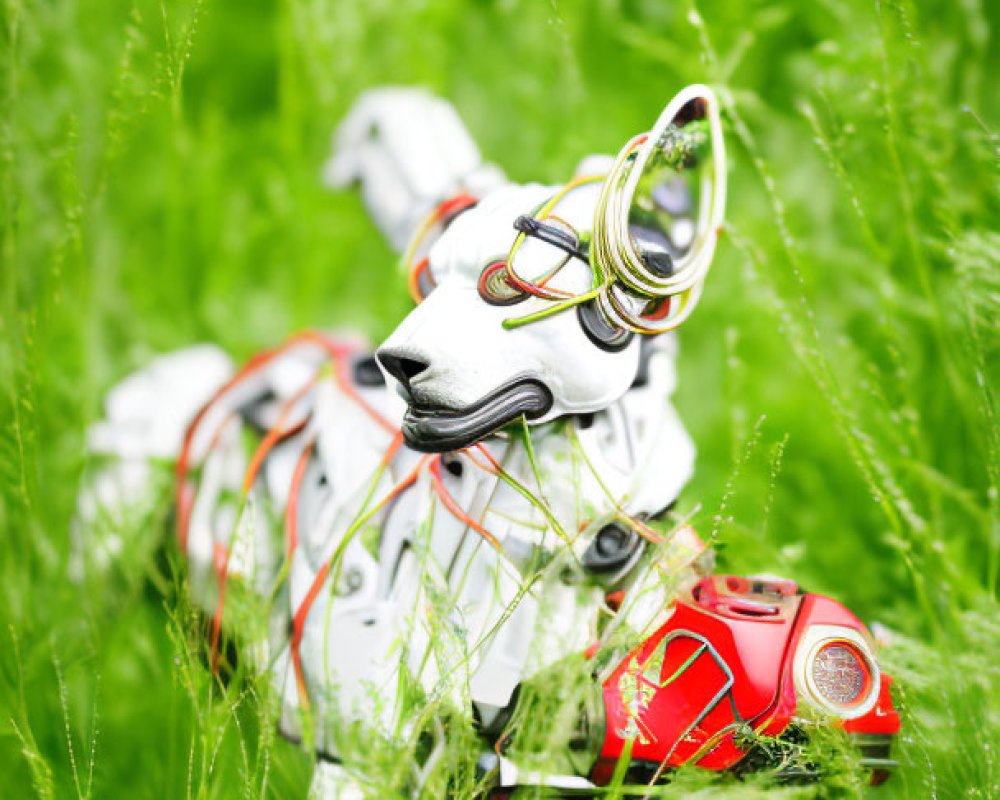 Metal wire and electronic components dog sculpture on vibrant green grass