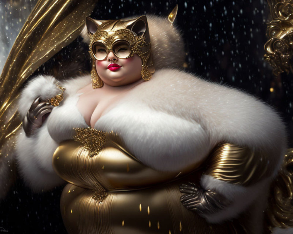 Opulent figure in gold and white costume with feline mask surrounded by luxury