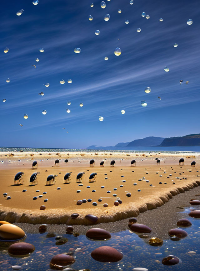 Surreal beach scene with submerged chairs, pebbles, and suspended water droplets