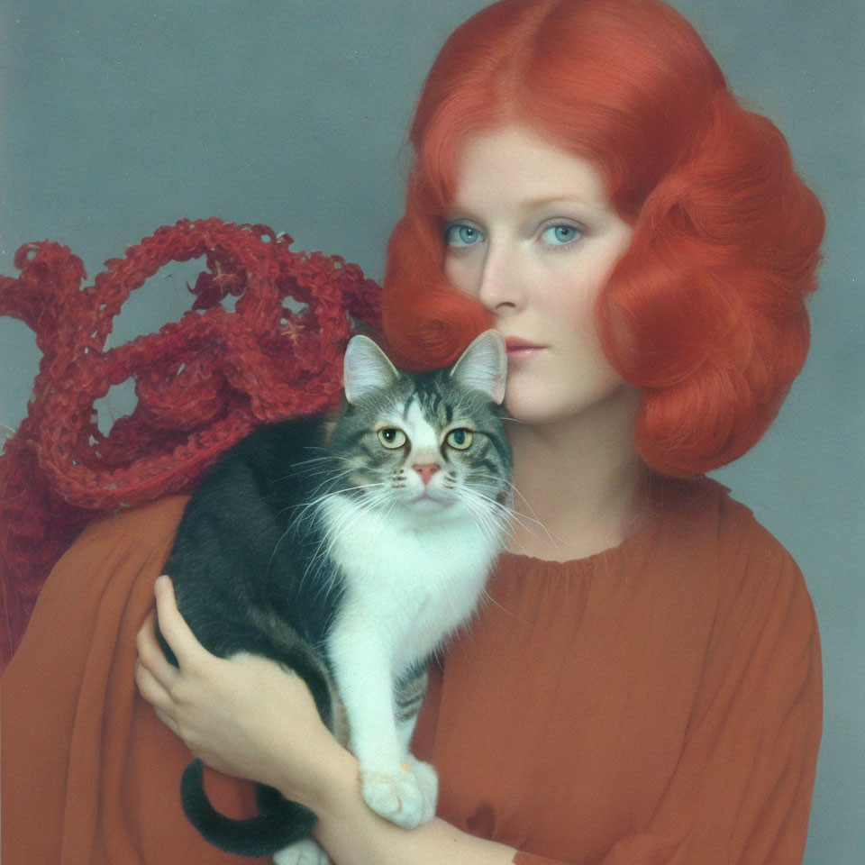 Woman with Vibrant Red Hair Holding Grey and White Cat with Red Knitted Accessory