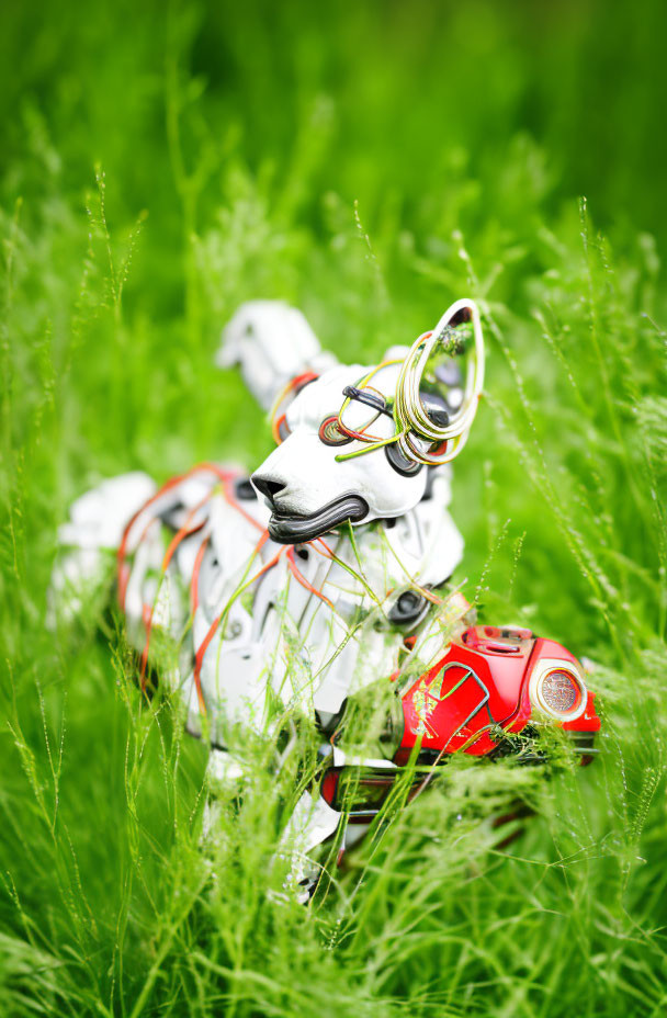 Metal wire and electronic components dog sculpture on vibrant green grass