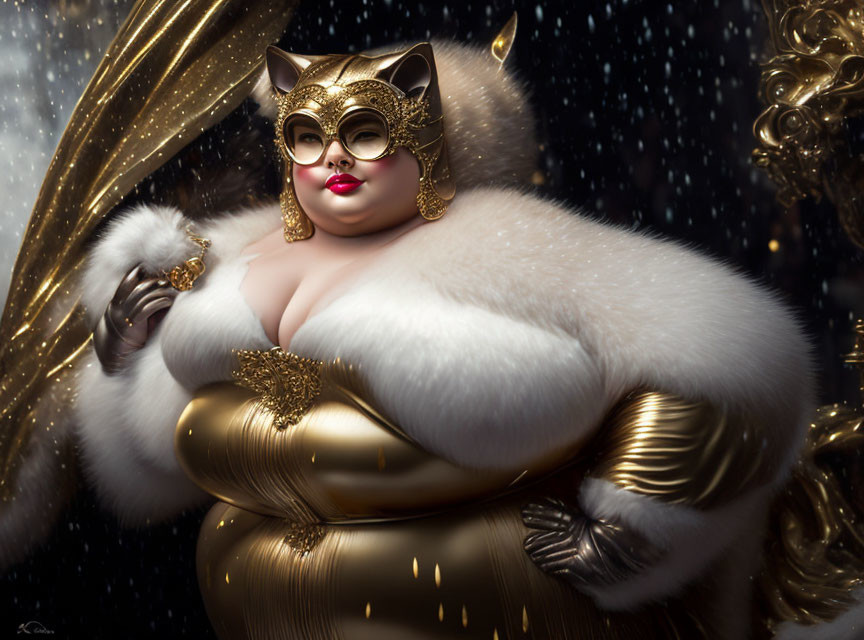 Opulent figure in gold and white costume with feline mask surrounded by luxury