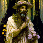 Bearded man in floral hat and leafy garb in sunlit forest with pink flower