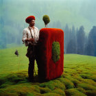 Traditional Attire Man with Moss-Covered Book-Like Object in Green Field