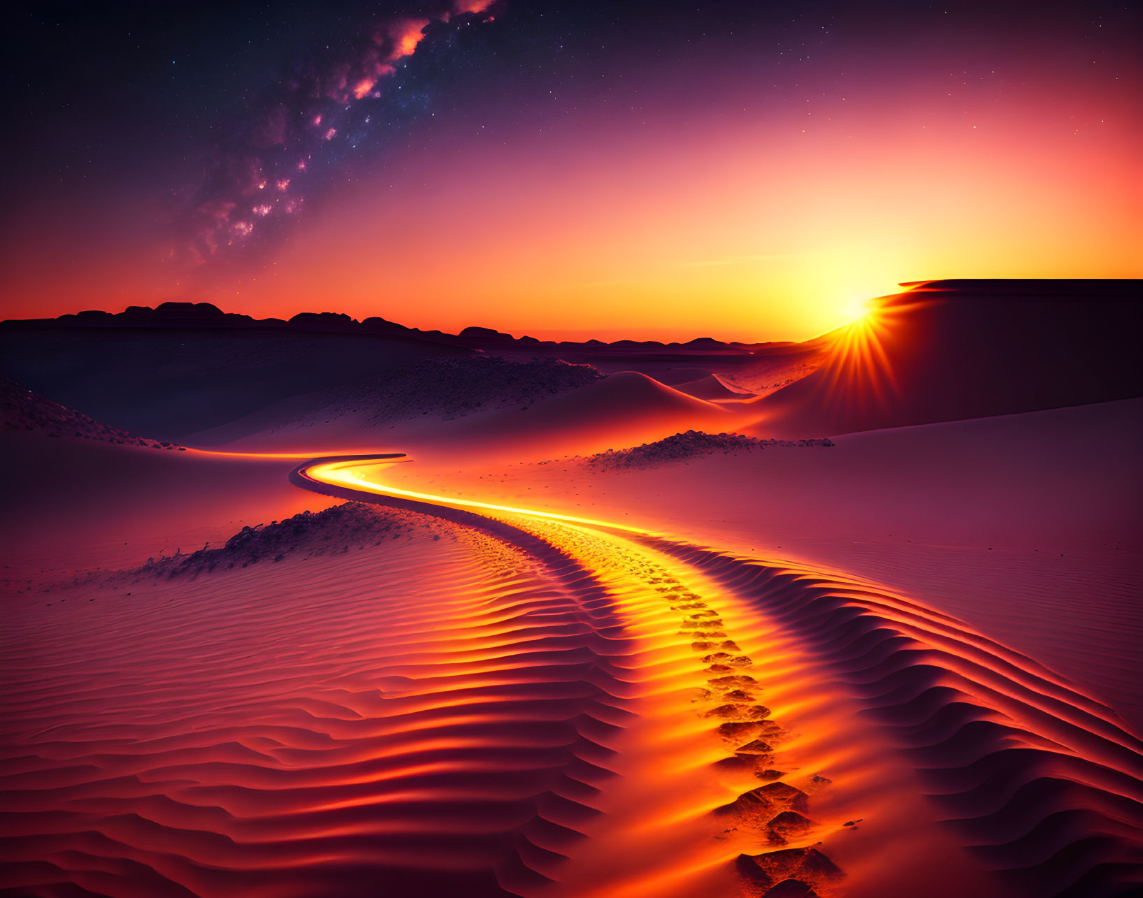 Vibrant orange desert sunset with vehicle tracks and footprints