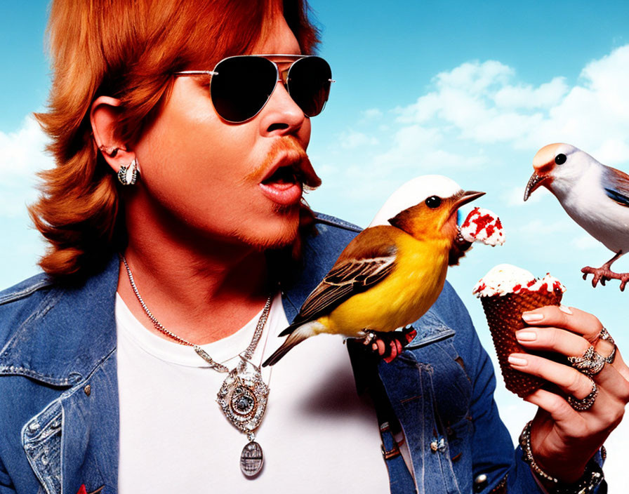 Person in sunglasses and denim jacket feeding cupcake to songbirds under blue sky