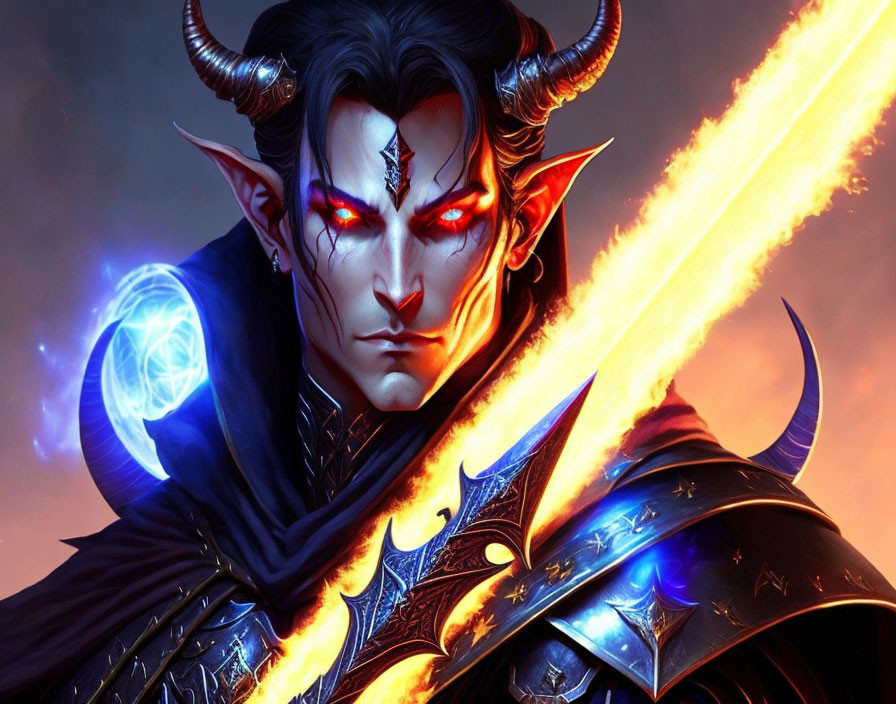 Fantasy character with pointed ears and horns holding magical orb and fiery sword