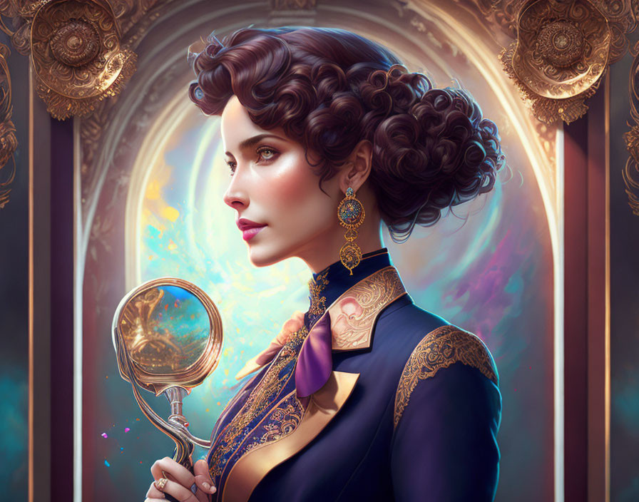 Digital portrait of elegant woman in Victorian dress with magnifying glass, cosmic background