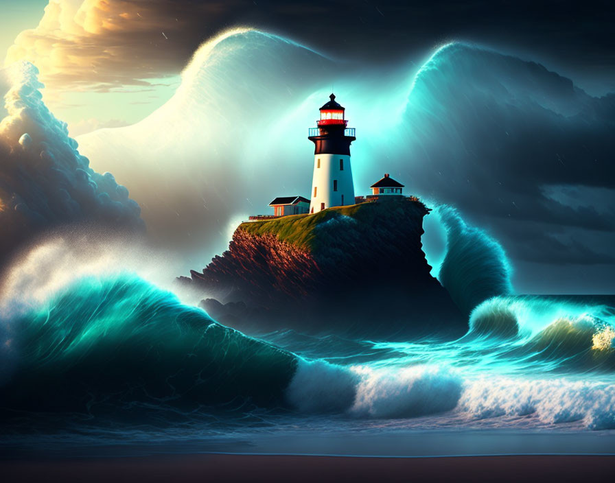 Dramatic lighthouse on craggy cliff with crashing waves