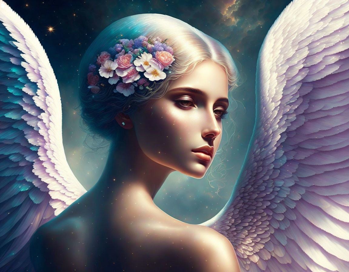 Ethereal figure with angelic wings and floral crown under starry night sky