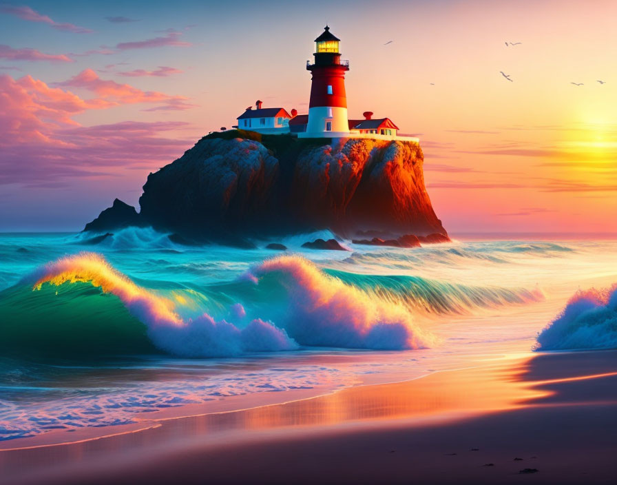 Scenic lighthouse on rocky island at sunset