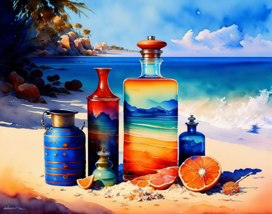 Vibrant glass bottles with sunset beach scenes and orange slices.