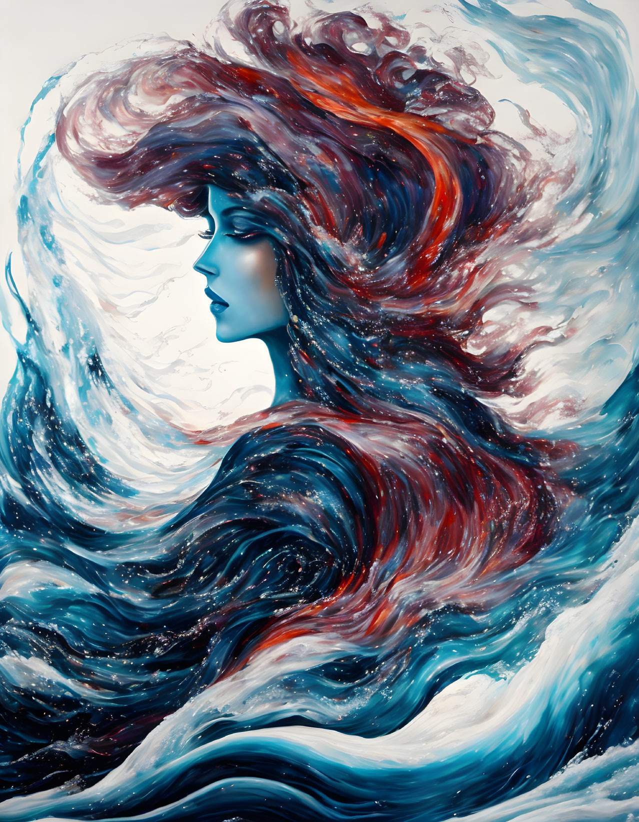 Abstract artwork: Woman with flowing hair merging with blue and red abstract waves.