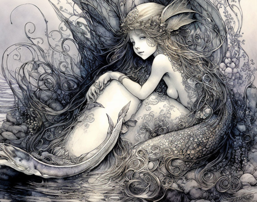 Monochromatic fantasy illustration of a woman with fish-like tail surrounded by marine life