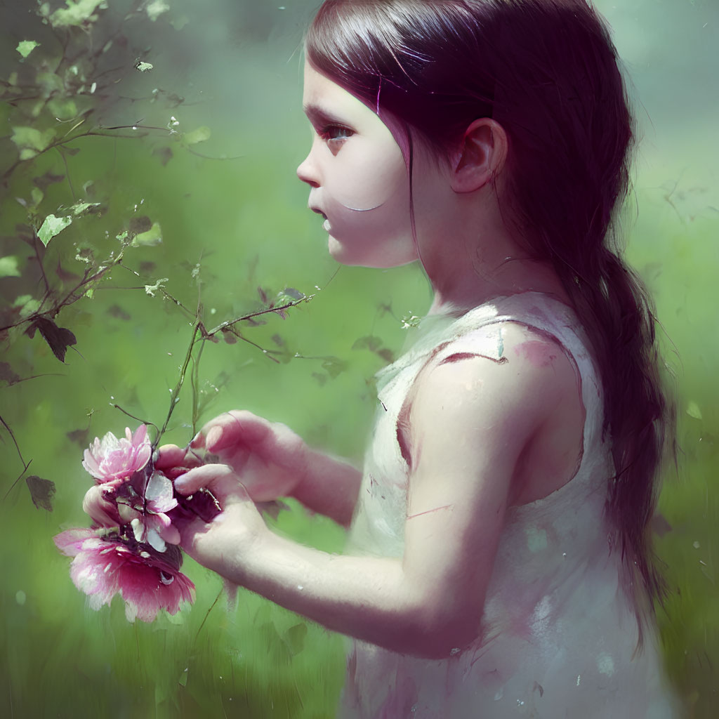 Young girl with long hair holding branch with pink flowers in dreamy green backdrop