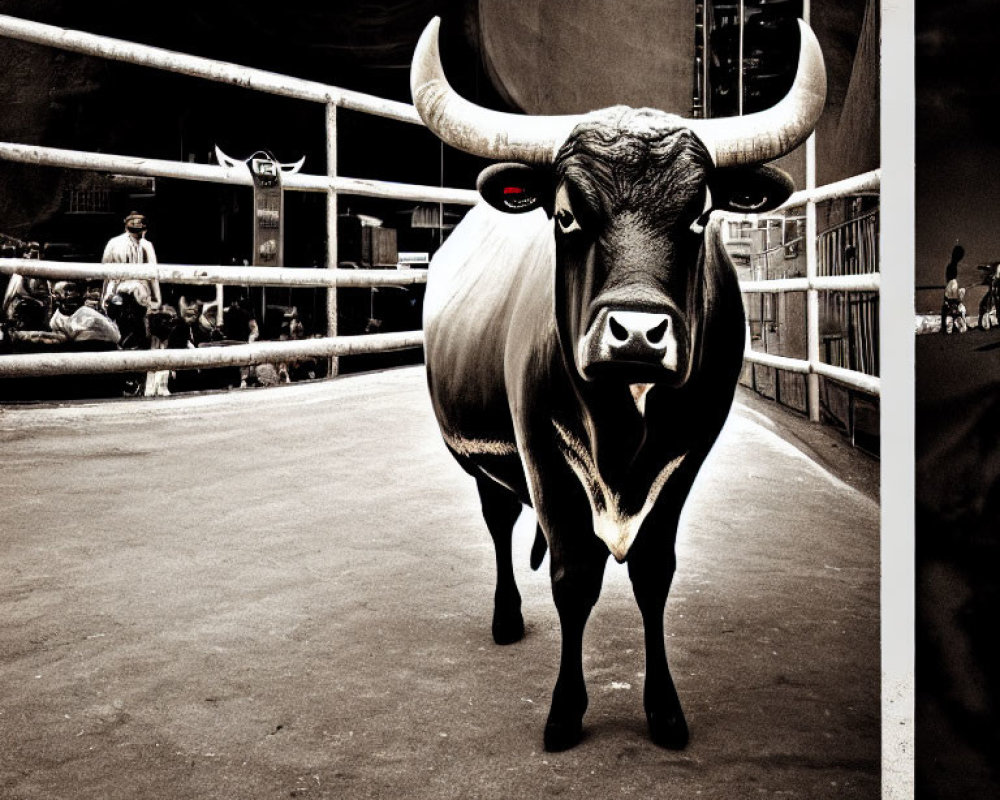 Bullring scene with bull, spectators, and matador