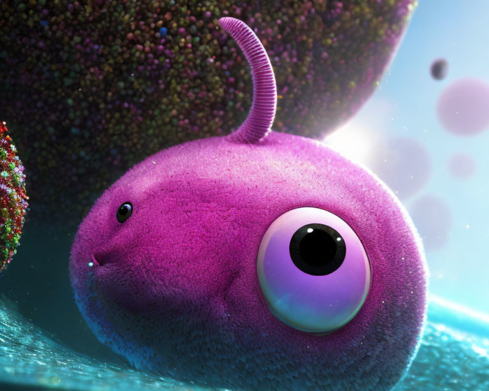 Purple one-eyed creature swimming underwater with colorful bubbles