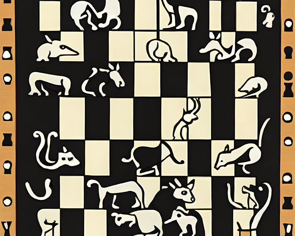 Animal-shaped chess pieces on stylized board with missing pieces, wood-patterned background