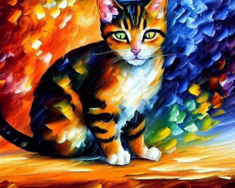 Vibrant painting of a colorful cat in bold brush strokes