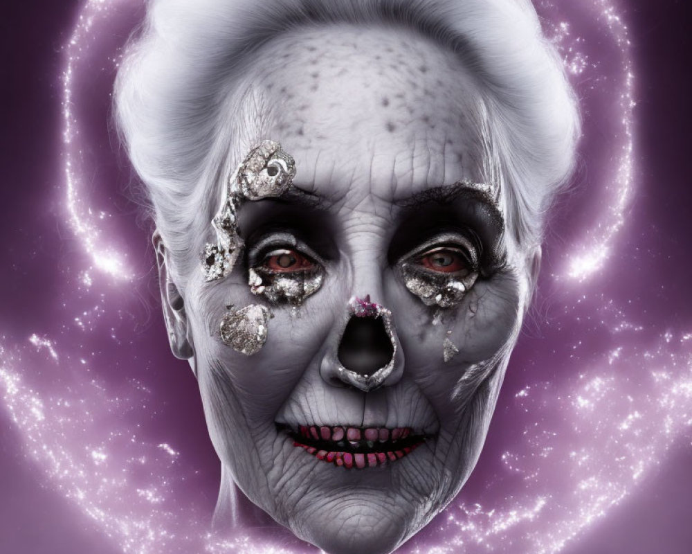Elderly Woman with Silver and Black Eye Makeup and Jewels on Face in Purple Cosmic Setting