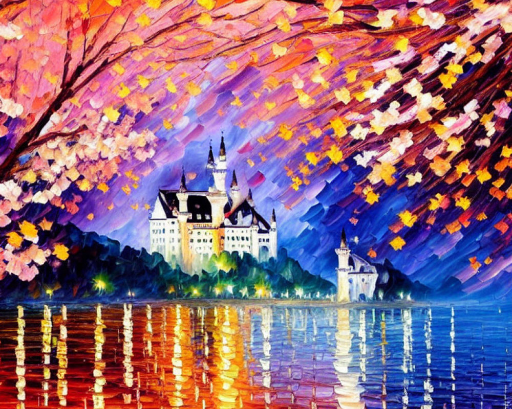 Twilight castle painting with lake reflections and autumn leaves