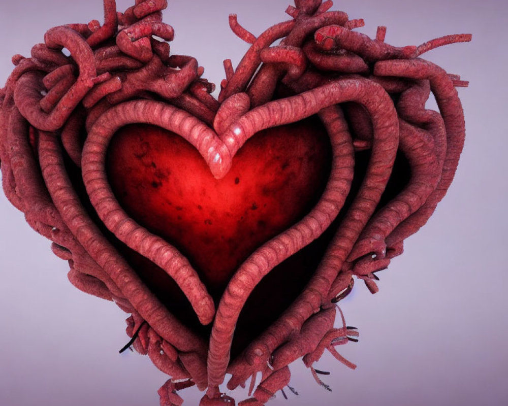 3D conceptual image: Heart-shaped blood vessels with red glow