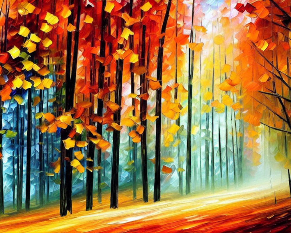 Impressionistic autumn forest painting with vivid colors