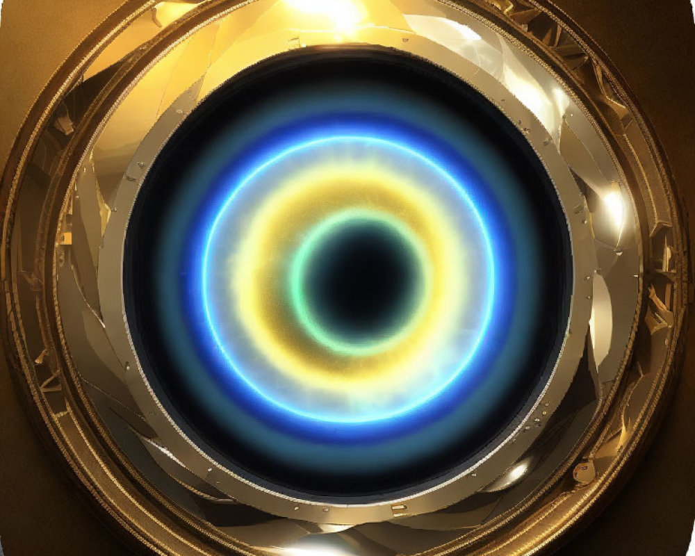 Circular golden frame with blue iris design on dark background