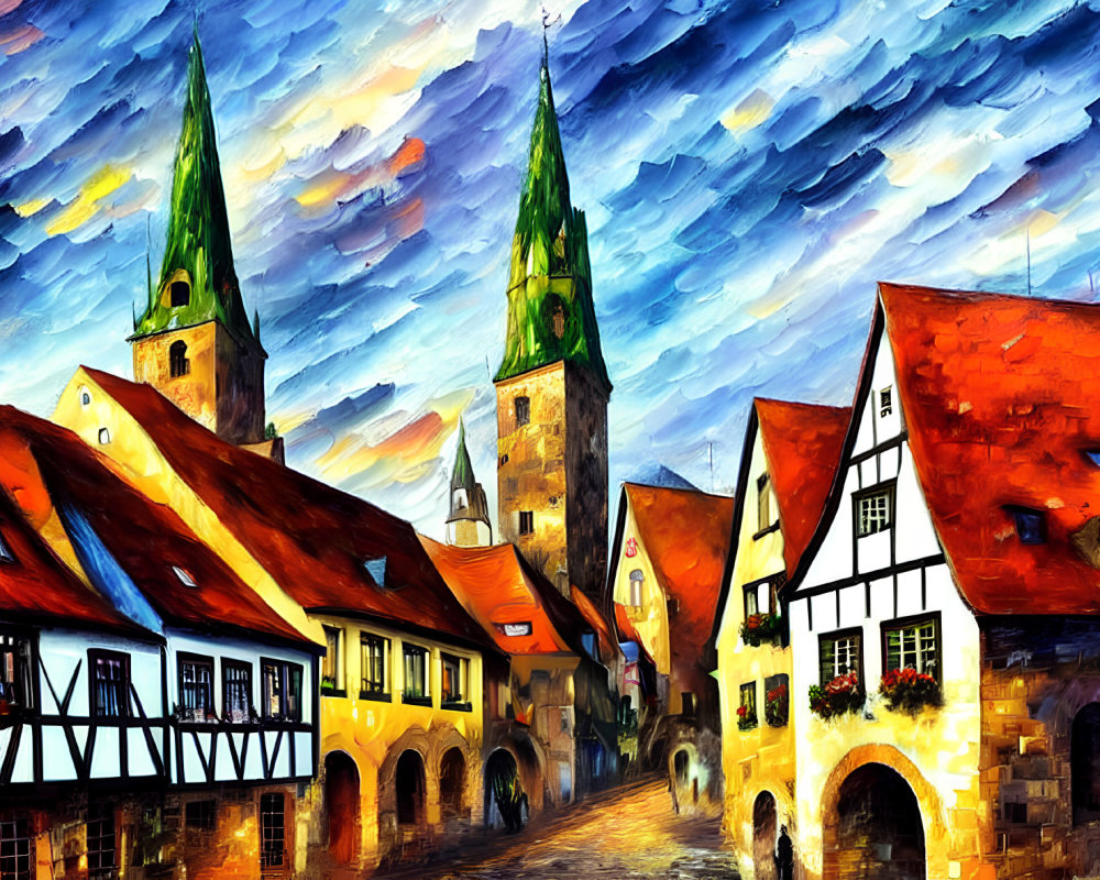 Colorful European Medieval Townscape with Church Spires & Cloudy Sky