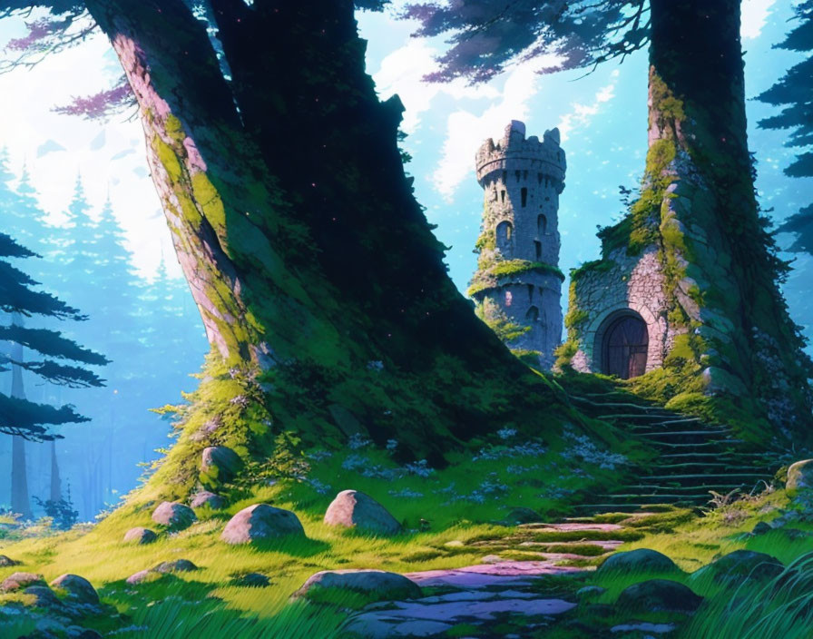 Hidden ruins in a mossy forest