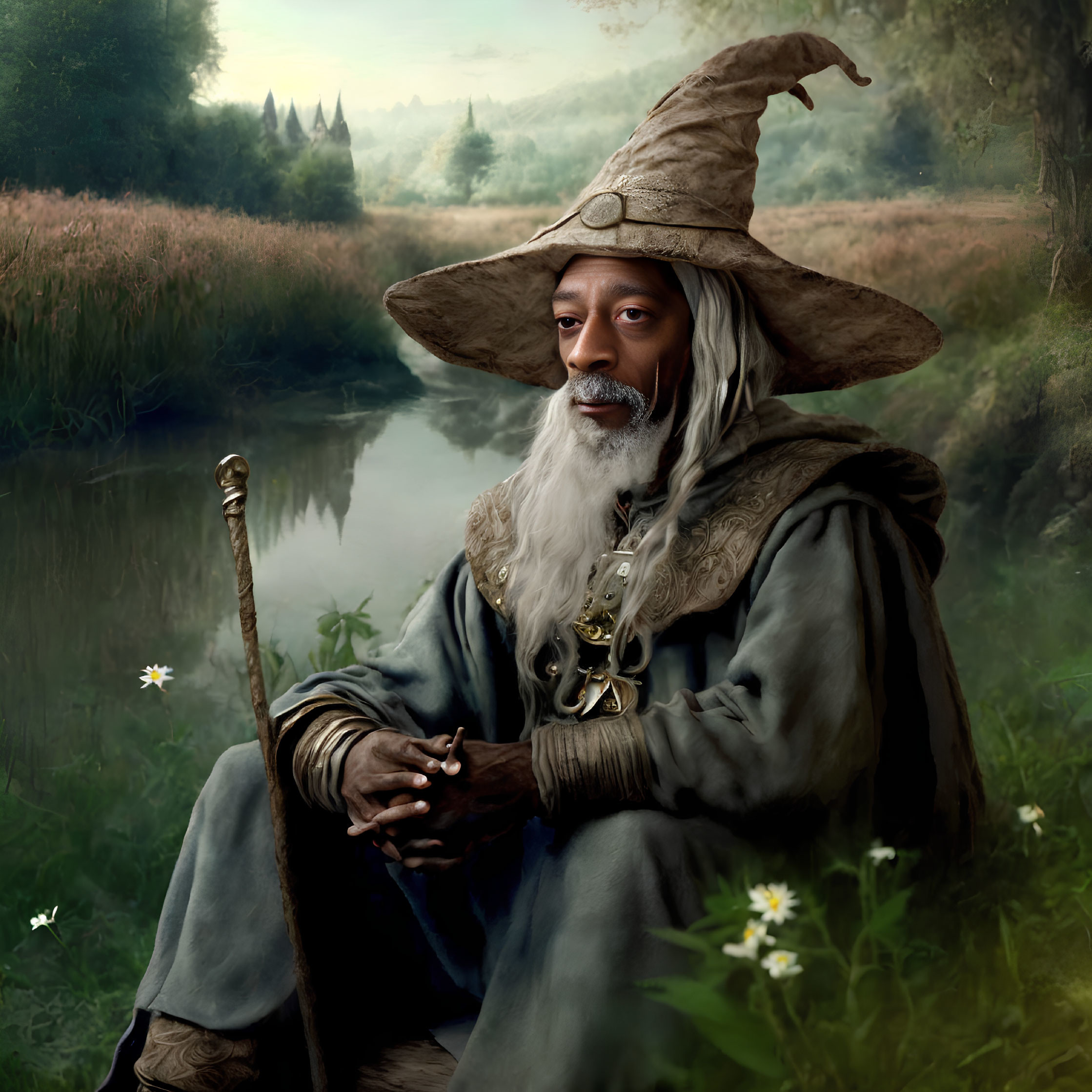 Bearded person in wizard costume with staff by serene pond
