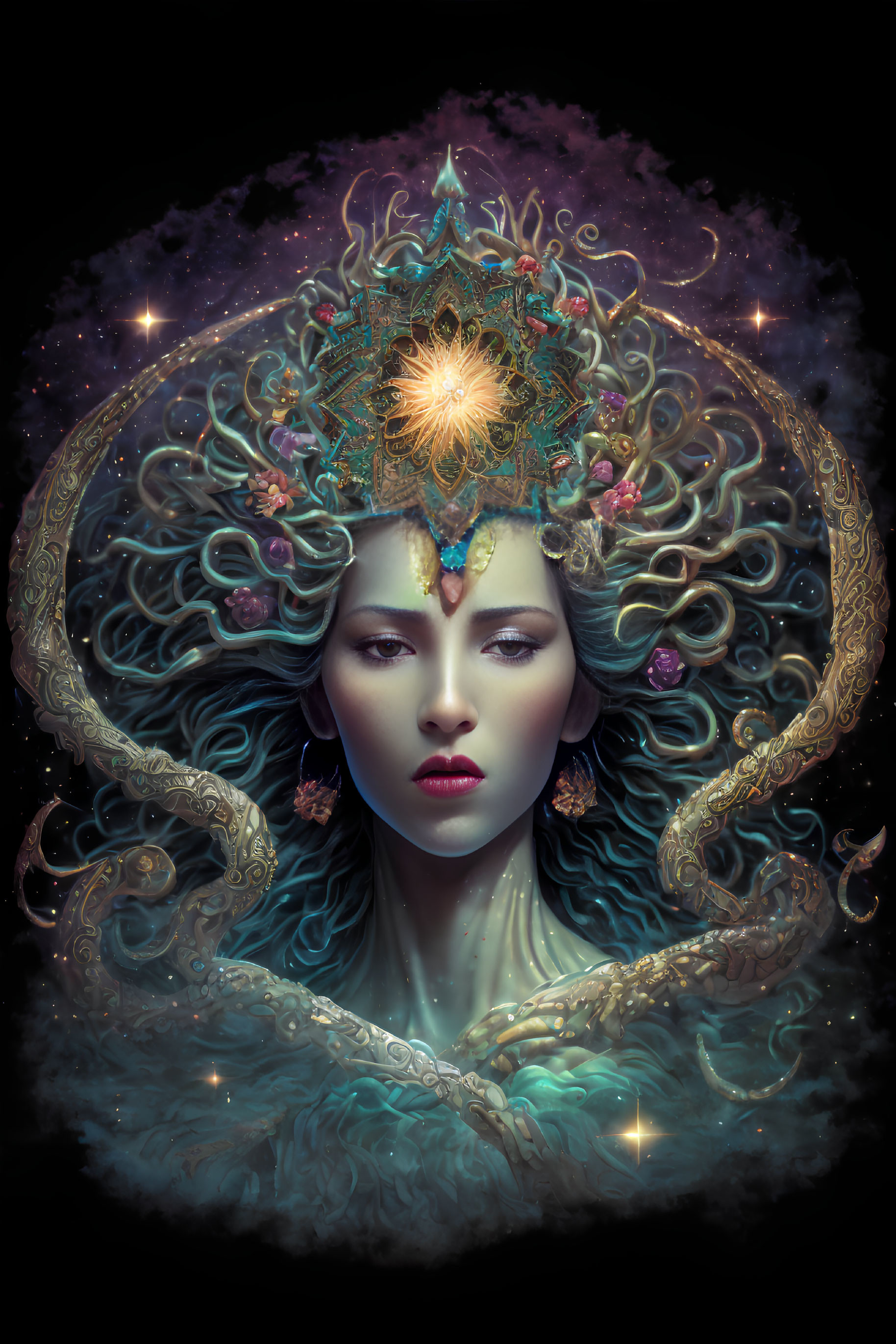 Ethereal woman with ornate crown and golden details in celestial setting