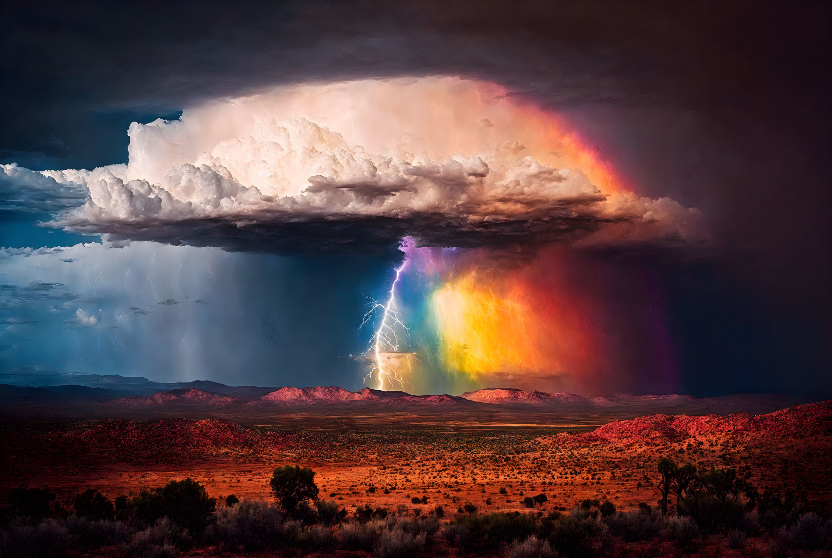 Dramatic desert thunderstorm with lightning, rainbow, and cumulonimbus cloud